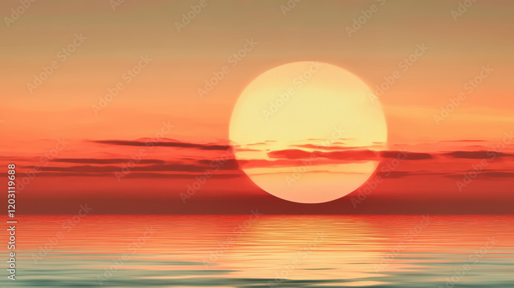 vibrant sunset over calm ocean, with bold orange and red hues blending into horizon, creating serene and warm atmosphere