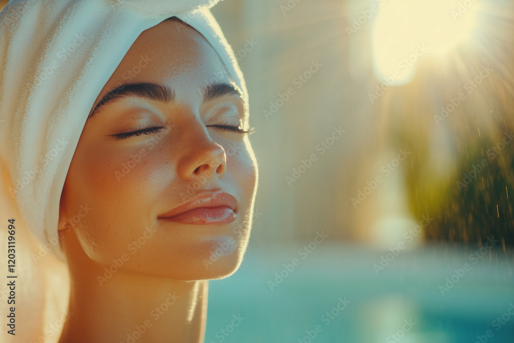 woman is smiling and wearing a white towel. She is looking at the camera. Concept of relaxation and happiness woman is smiling and wearing a white towel. She is looking at the camera. Concept of relaxation and happiness