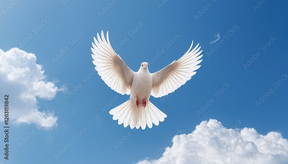 White dove soaring in a clear blue sky filled with fluffy white clouds. White dove soaring in a clear blue sky filled with fluffy white clouds.