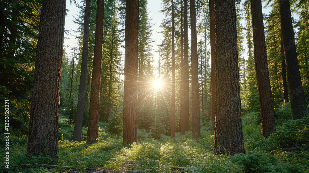 Naklejka premium tranquil forest with sunlight streaming through tall trees, creating serene atmosphere