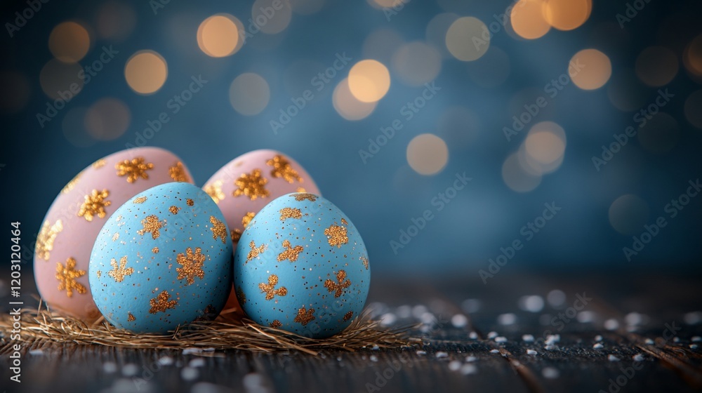 Pastel Easter Eggs in Nest with Gold Glitter Pastel Easter Eggs in Nest with Gold Glitter