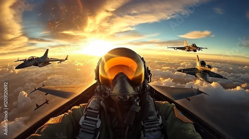 A pilot in the cockpit of an fighter jet flying through clouds with other planes, wearing helmet and full gear, looking down at camera, fisheye lens, golden hour lighting, 