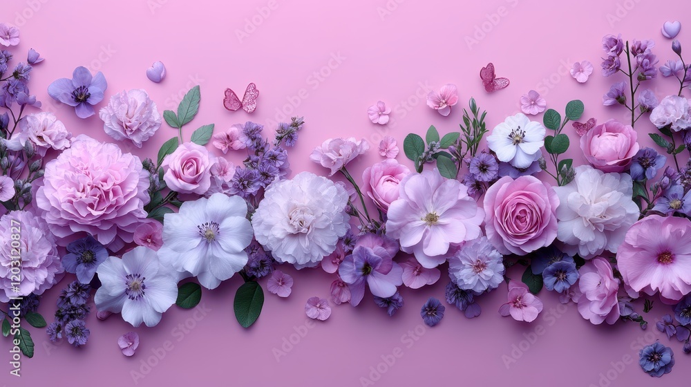 A whimsical arrangement of vibrant flowers and lush leaves dances on a soft pink backdrop, creating a romantic canvas perfect for heartfelt messages. A whimsical arrangement of vibrant flowers and lush leaves dances on a soft pink backdrop, creating a romantic canvas perfect for heartfelt messages.