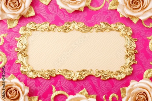 A delicate gold frame adorned with vibrant roses, elegantly set against a soft pink background, exuding romance and charm for Valentine's Day. photo