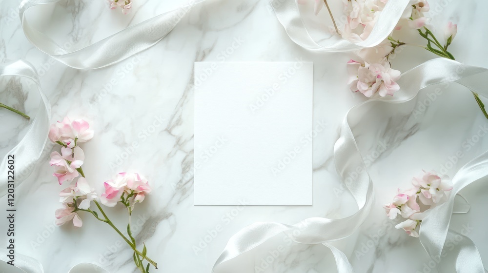 of a blank white card placed gently on a soft, neutral table, surrounded by delicate cherry blossoms and scattered petals of a blank white card placed gently on a soft, neutral table, surrounded by delicate cherry blossoms and scattered petals