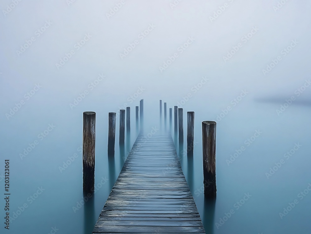 Fototapeta premium Misty Morning Pier Tranquil Blue Water Scene. AI Generated
