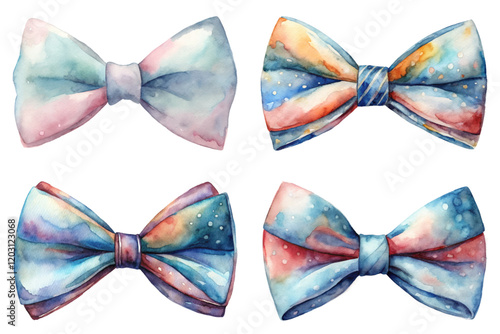 Watercolor bow ties, colorful patterns, artistic design, fashion accessories, vibrant hues, stylish elements, creative illustration.