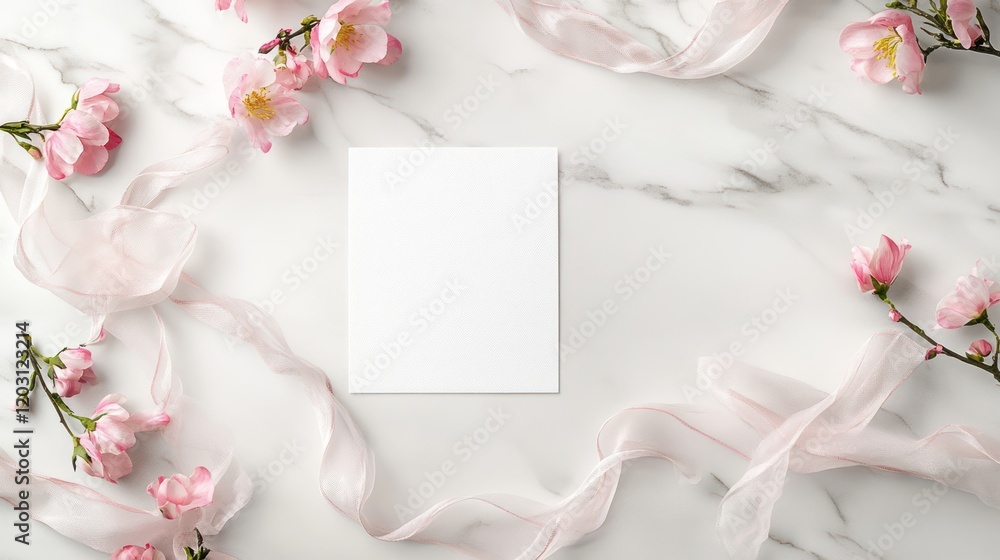 of a blank white card placed gently on a soft, neutral table, surrounded by delicate cherry blossoms and scattered petals of a blank white card placed gently on a soft, neutral table, surrounded by delicate cherry blossoms and scattered petals