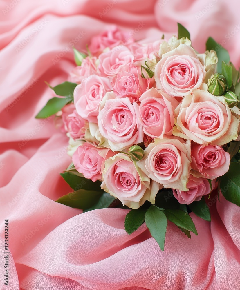 Obraz premium A delicate bouquet of pink roses rests gracefully on a soft pink cloth, radiating love and warmth, perfect for celebrating Valentine's Day.