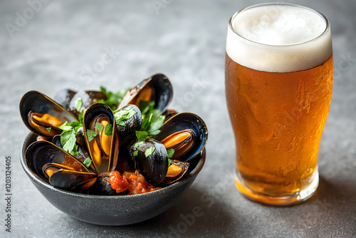 Bowl of mussels with herbs served alongside a glass of golden beer, highlighting freshness and indulgence