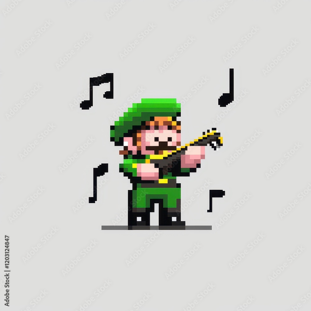 Pixelated Musician Plays String Instrument With Musical Notes Floating Around Image Pixelated Musician Plays String Instrument With Musical Notes Floating Around Image