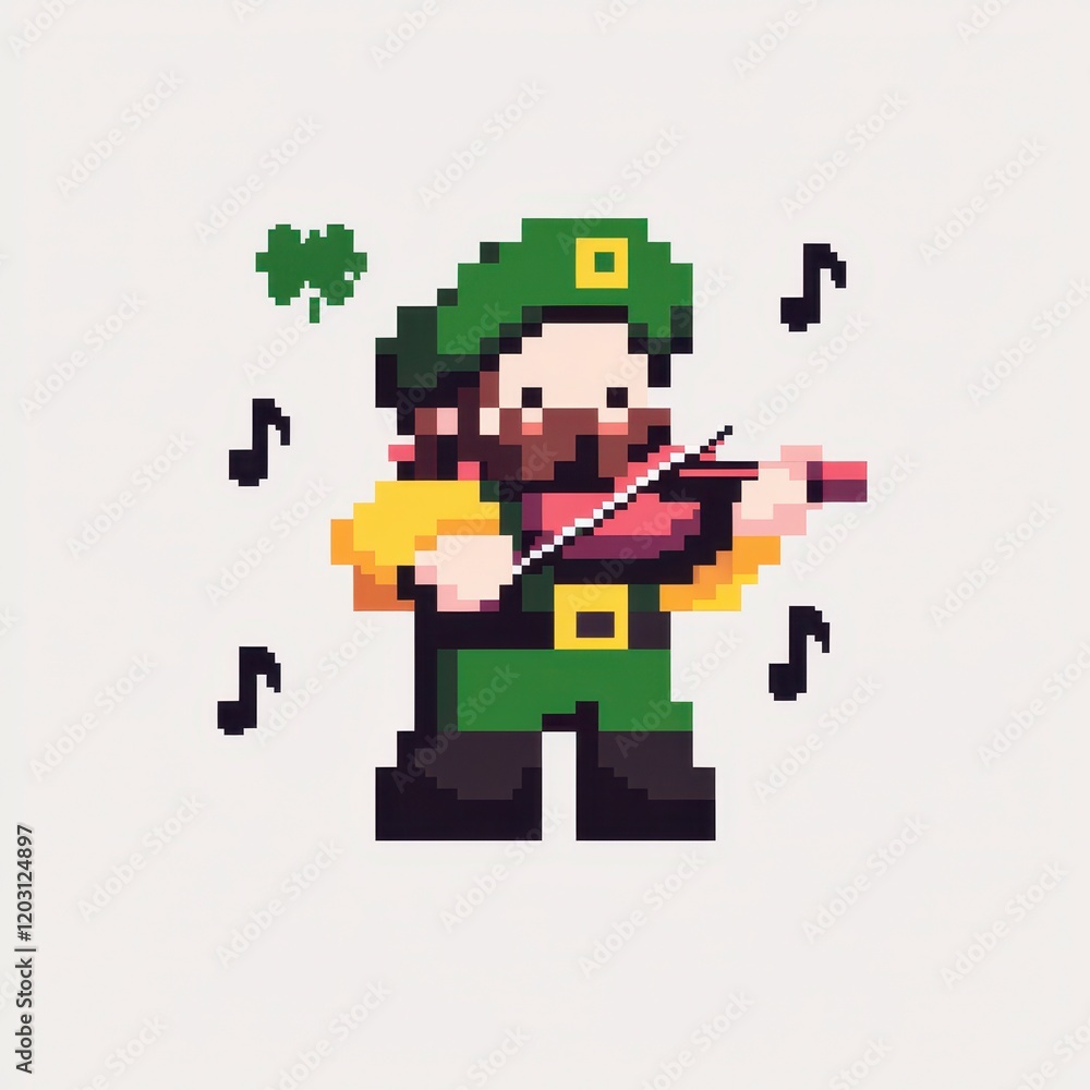 Pixelated Leprechaun Playing Fiddle With Music Notes And Shamrock On White Background Pixelated Leprechaun Playing Fiddle With Music Notes And Shamrock On White Background