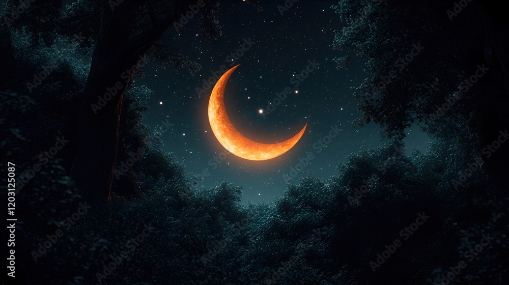 Fototapeta premium Enchanted Forest Night Scene with Glowing Crescent Moon and Stars