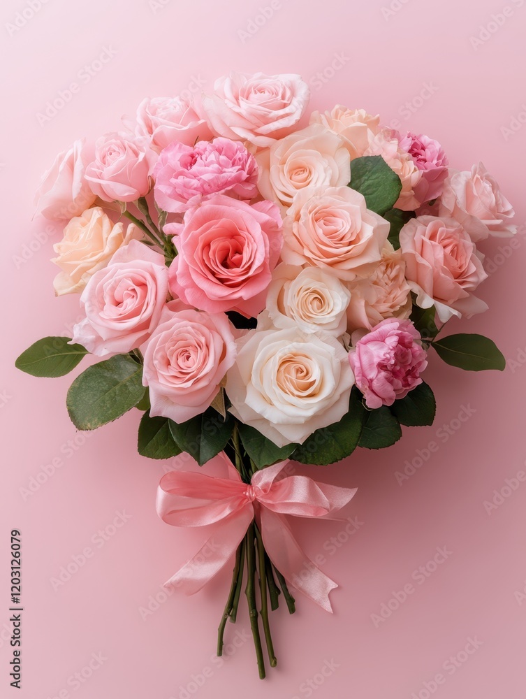 A stunning bouquet of pink and white roses adorned with a delicate pink bow, perfect for expressing love this Valentine's Day. A stunning bouquet of pink and white roses adorned with a delicate pink bow, perfect for expressing love this Valentine's Day.