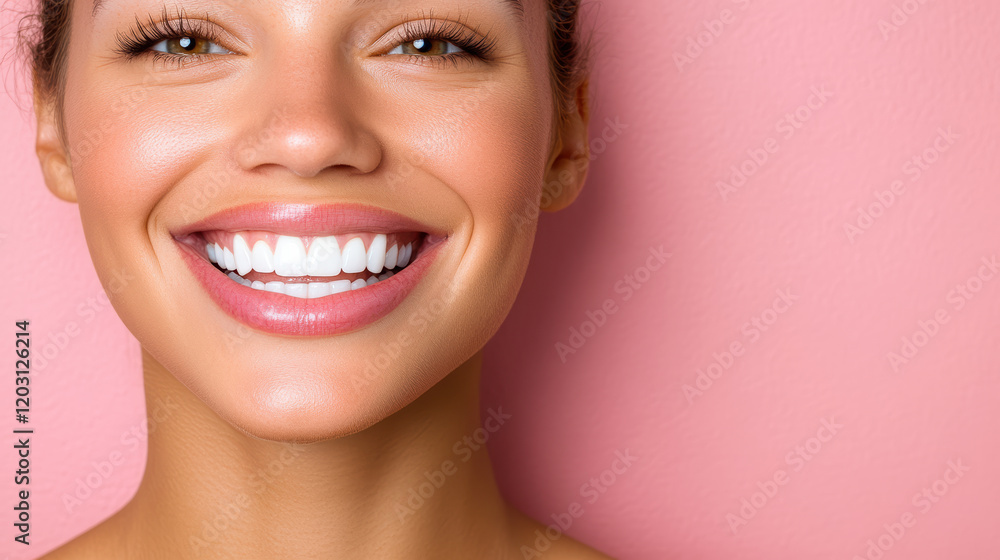 Obraz premium woman with radiant smile against bright pink background