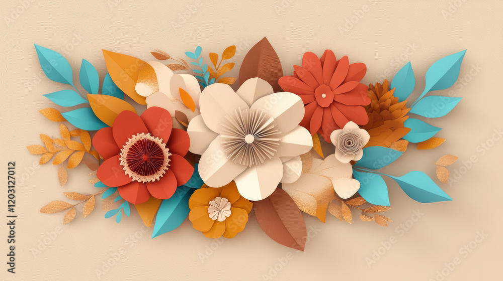 Obraz premium Intricate folded paper flowers in vibrant colors, showcasing detailed origami patterns and harmonious arrangement of leaves and petals on neutral background