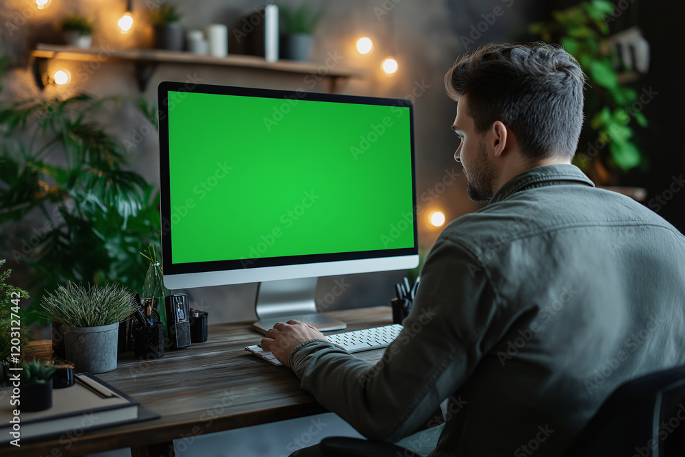 Man Working on Computer with Green Screen in a Cozy Home Office at Night Man Working on Computer with Green Screen in a Cozy Home Office at Night