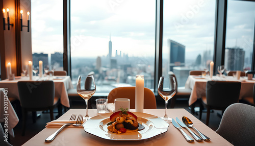 A stylish table setting in a restaurant with plates, glasses, napkins, and chairs, perfect for a dinner or special occasion
