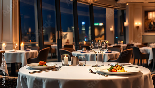A dining table set for a meal in a restaurant with plates, glasses, and napkins