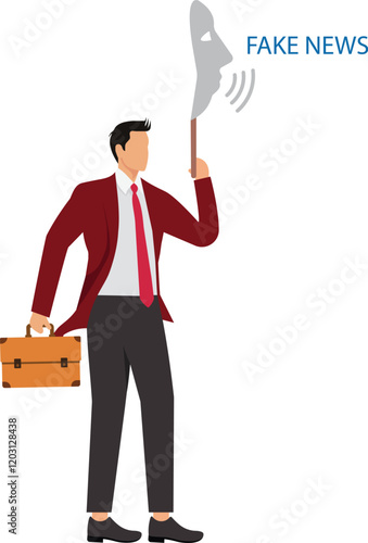 Dishonesty lies or scam fraud or fake hiding behind disguise mask business cheating or suspicion false or fake news concept dishonest businessman hiding behind disguise mask pretend to lying