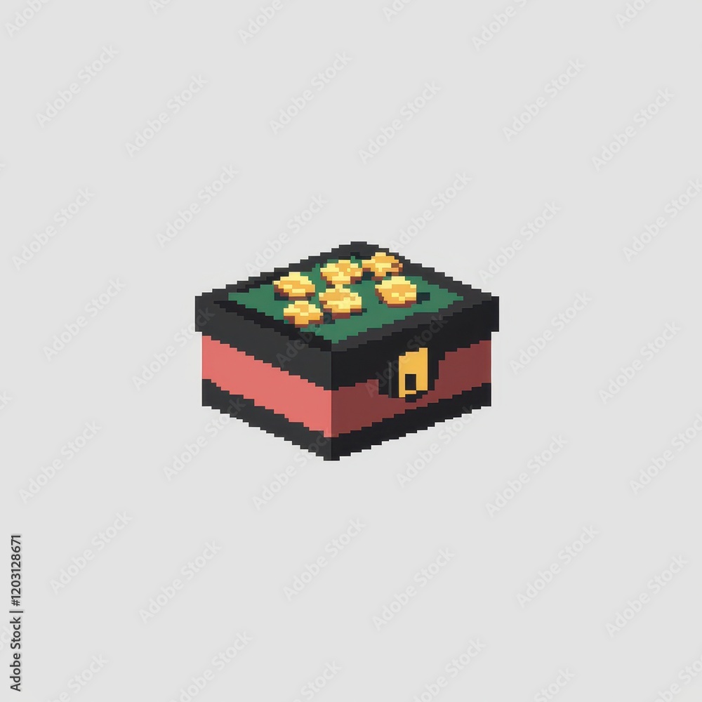 Obraz premium Pixelated Treasure Chest with Gold Coins on Top Green Lid Red Box 3D Isometric View