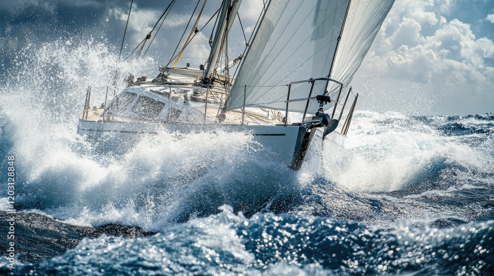 Obraz premium A sailboat with white sails navigates through rough ocean waves under a dark
