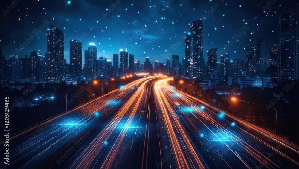 Night Cityscape: Highway of Lights and Digital Network Night Cityscape: Highway of Lights and Digital Network