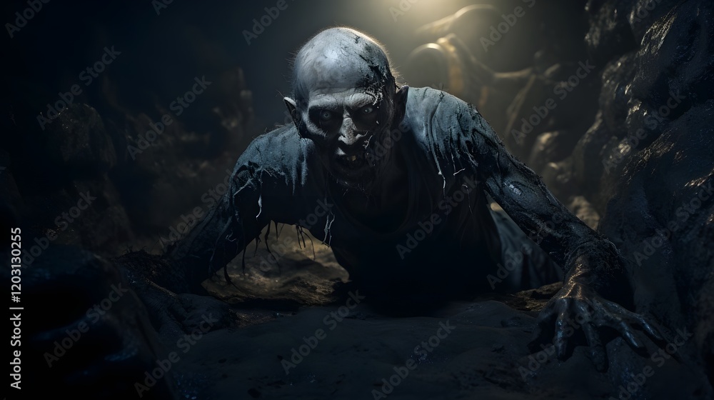 Terrifying image of a zombie crawling along the grimy floor of a dark ominous underground tunnel creating a sinister haunting atmosphere of danger and the paranormal Terrifying image of a zombie crawling along the grimy floor of a dark ominous underground tunnel creating a sinister haunting atmosphere of danger and the paranormal