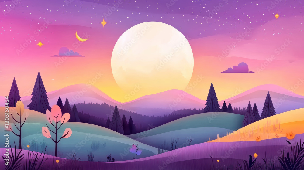 serene twilight landscape with glowing full moon, rolling hills, pine trees, and gradient sky blending deep purple, pink, and yellow hues, evoking magical and tranquil atmosphere serene twilight landscape with glowing full moon, rolling hills, pine trees, and gradient sky blending deep purple, pink, and yellow hues, evoking magical and tranquil atmosphere