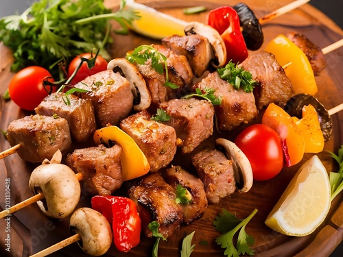 Barbecue skewers meat kebabs with vegetables on flaming grill photo