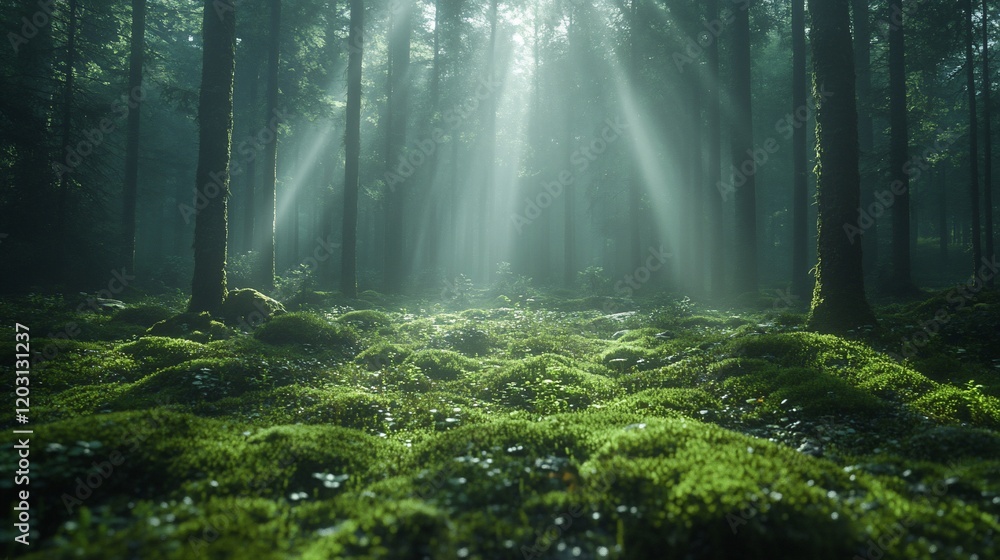 Fototapeta premium Enchanted Forest: Sunbeams Dancing Through Mossy Glade