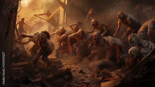 Zombie Horde Assaults Survivor s Makeshift Barricade in Intense Apocalyptic Struggle for Survival  Desperate Defender Fights Off Relentless Undead Attack Amidst Chaos and Destruction photo