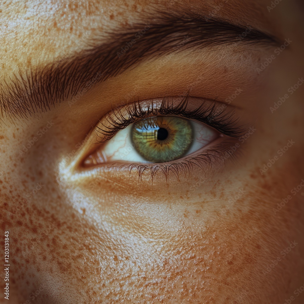 Fototapeta premium Macro shot of an eye framed by thick, natural eyebrows and soft skin tones.