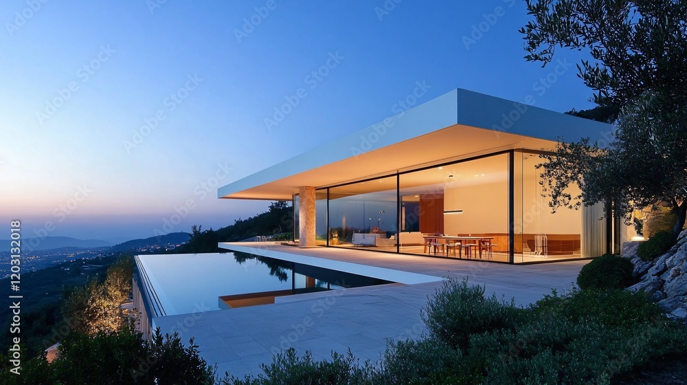 Modern Villa with Infinity Pool and Stunning Mountain View at Dusk Modern Villa with Infinity Pool and Stunning Mountain View at Dusk