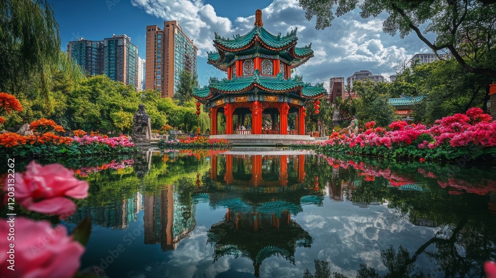 Obraz premium Chinese Pavilion Reflects In Serene Garden Pond