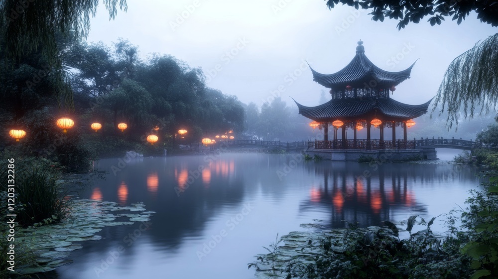Serene Pavilion Lake Mist Enchanting Lanterns Serene Pavilion Lake Mist Enchanting Lanterns