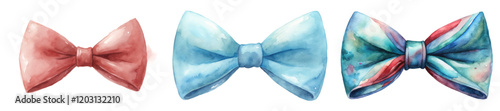 Watercolor bow ties, vibrant colors, stylish accessories, fashion illustration, artistic design, elegant details.