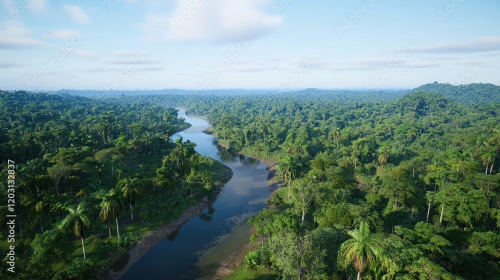 Aerial view of a lush rainforest river Aerial view of a lush rainforest river