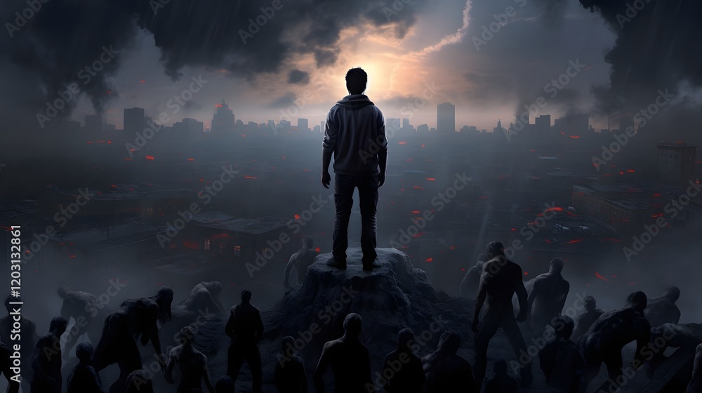 Lone Survivor Standing on Rooftop Surrounded by Zombies in Apocalyptic Cityscape Man Silhouetted Against Nighttime Urban Skyline Facing Desperate Situation Amidst Horror and Danger Lone Survivor Standing on Rooftop Surrounded by Zombies in Apocalyptic Cityscape Man Silhouetted Against Nighttime Urban Skyline Facing Desperate Situation Amidst Horror and Danger