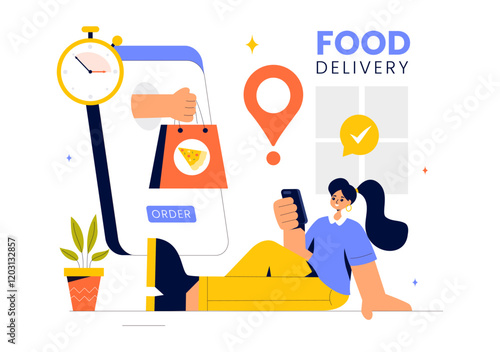 Food Delivery Service Illustration Featuring Online Food Ordering through a Mobile App and Fast Delivery to Your Preferred Location in a Background