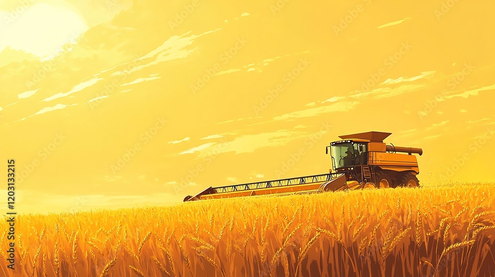 Fototapeta premium Golden hour sunlight bathes a powerful combine harvester working a vast wheat field. AI Generated