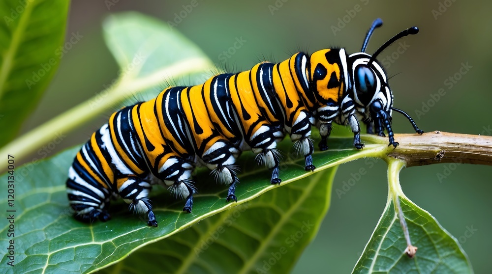 Vibrant Monarch Caterpillar on Lush Green Leaf Vibrant Monarch Caterpillar on Lush Green Leaf