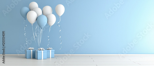 Bright blue wall with white and blue balloons floating above gift boxes
