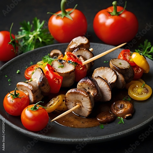 Barbecue skewers meat kebabs with vegetables on flaming grill photo