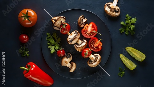 Barbecue skewers meat kebabs with vegetables on flaming grill photo