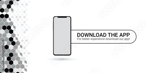 Download the app now. Simple UI Download the app now cover or banner with smartphone. Download our app sticker or label isolated vector illustration on white background