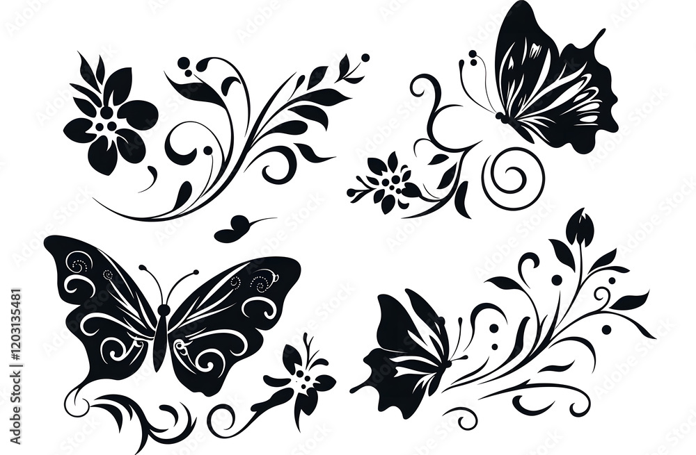 Fototapeta premium Collection of Black and Yellow Butterfly Silhouettes on White Background