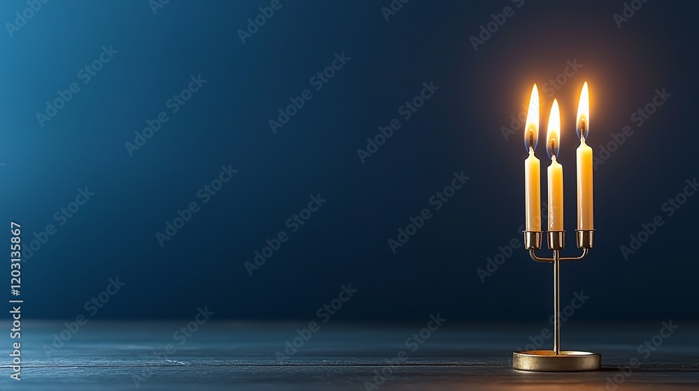 Fototapeta premium Minimalistic candle holder with three lit candles against a dark background, creating a serene and warm atmosphere.