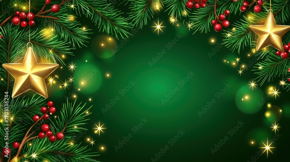 Obraz premium Christmas Background Design with Golden Star and Red Berries