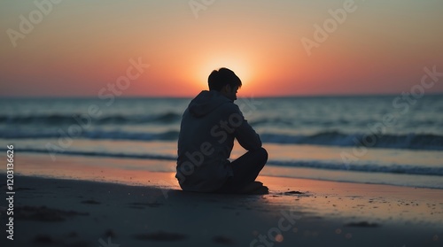 Silhouette of a man sitting on the beach during sunset, enjoying the peaceful ocean view. photo